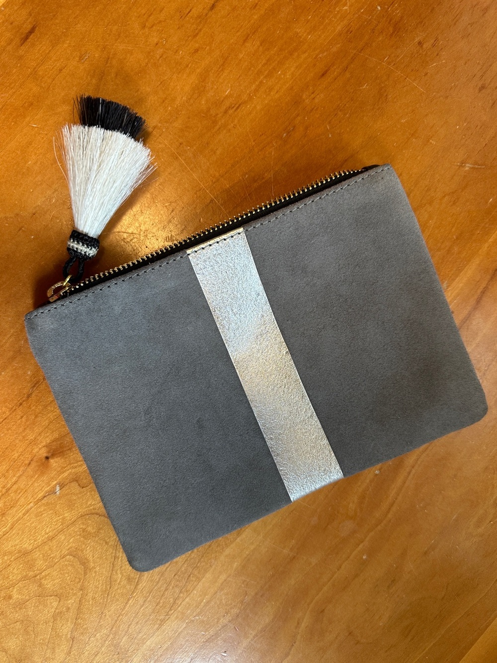 Gray Suede Zip Pouch with Silver Stripe and Horsehair Tassel